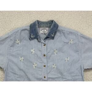 Vintage 90s Solutions Floral Embroidered Daisy Blouse Denim Collar Cottage Women